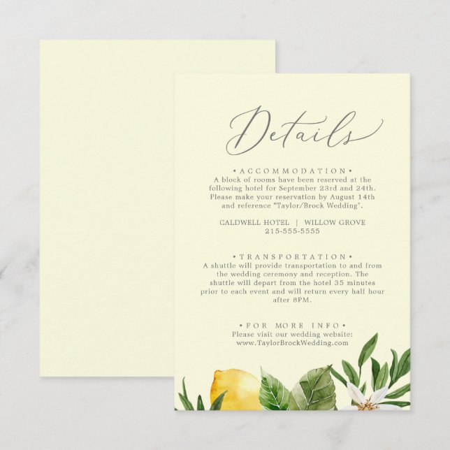 Modern Lemon Garden Yellow Details Enclosure Card (Front/Back)
