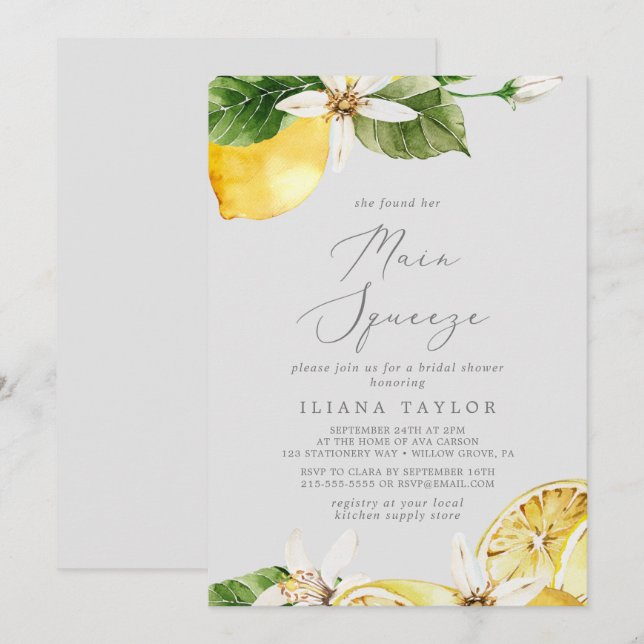 Modern Lemon | Grey Main Squeeze Bridal Shower Invitation (Front/Back)