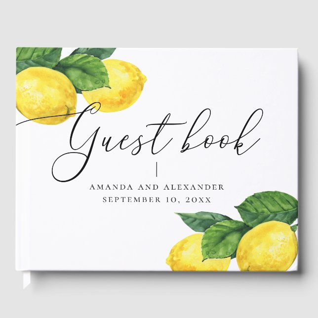 Modern Lemon Grove Wedding | Watercolor Botanical  Guest Book (Front)