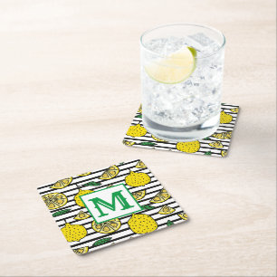 Modern Lemon on Black & White Pattern Monogram Square Paper Coaster