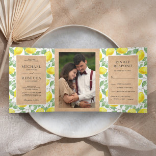 Modern Lemon Orchard Greenery Kraft Wedding Photo Tri-Fold Invitation