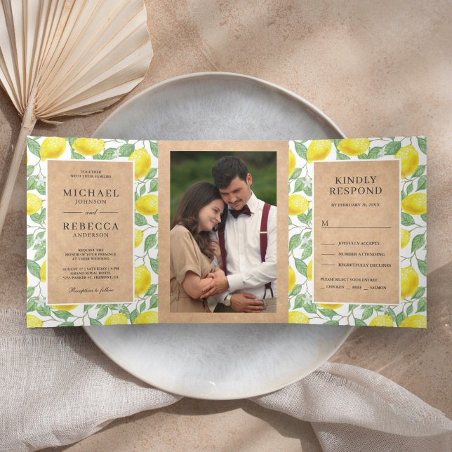 Modern Lemon Orchard Greenery Kraft Wedding Photo Tri-Fold Invitation (Creator Uploaded)