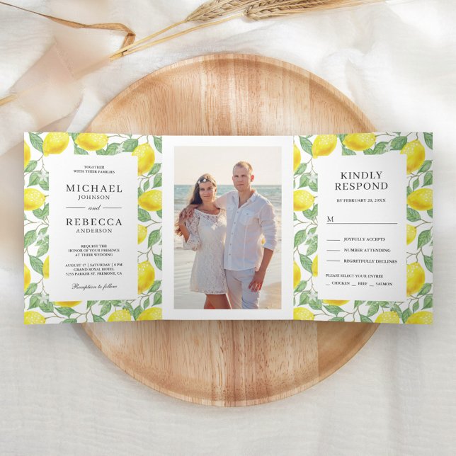 Modern Lemon Orchard Greenery Wedding Photo Tri-Fold Invitation (Creator Uploaded)