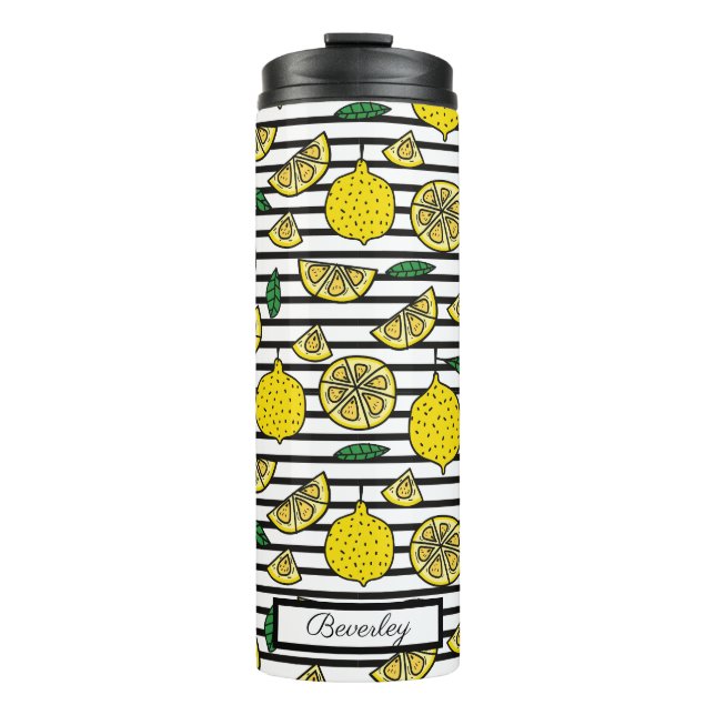 Modern Lemon Pattern on Black and White Stripes Thermal Tumbler (Front)