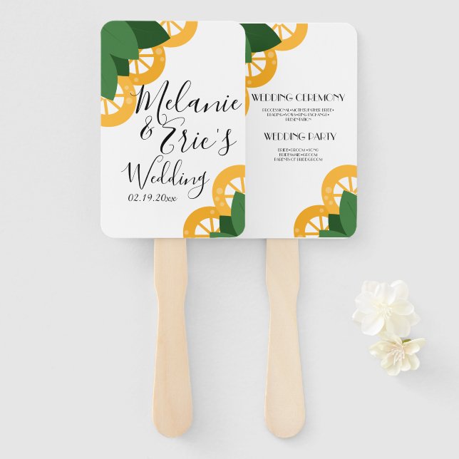Modern Lemon Slices and Leaves Wedding Program Hand Fan (Front and Back)