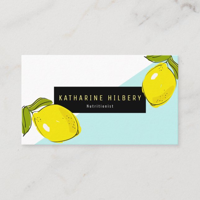Modern Lemon Turquoise White Block Business Card (Front)