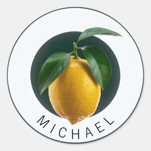 Modern Lemon with Personalised Name Classic Round Sticker (Front)
