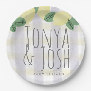 Modern Lemon Wreath Citrus Yellow Grey Paper Plate
