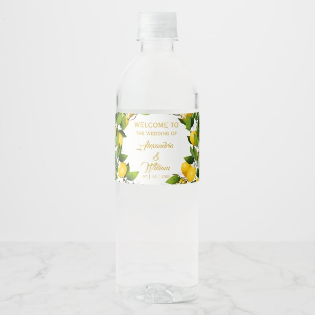 Modern Lemon Wreath Garden | Wedding Water Bottle Label (Front)