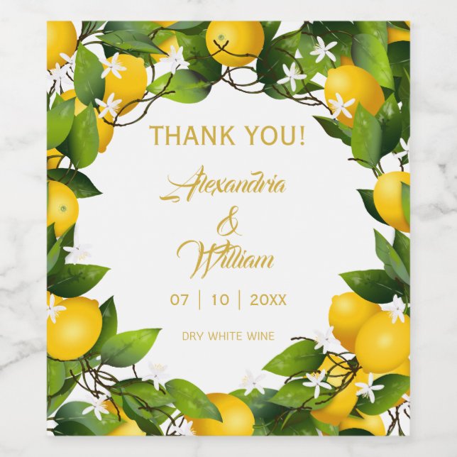 Modern Lemon Wreath Garden | Wedding Wine Label (Single Label)