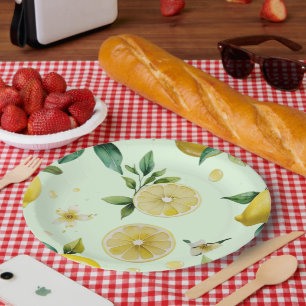 Modern lemon yellow floral script bridal shower paper plate