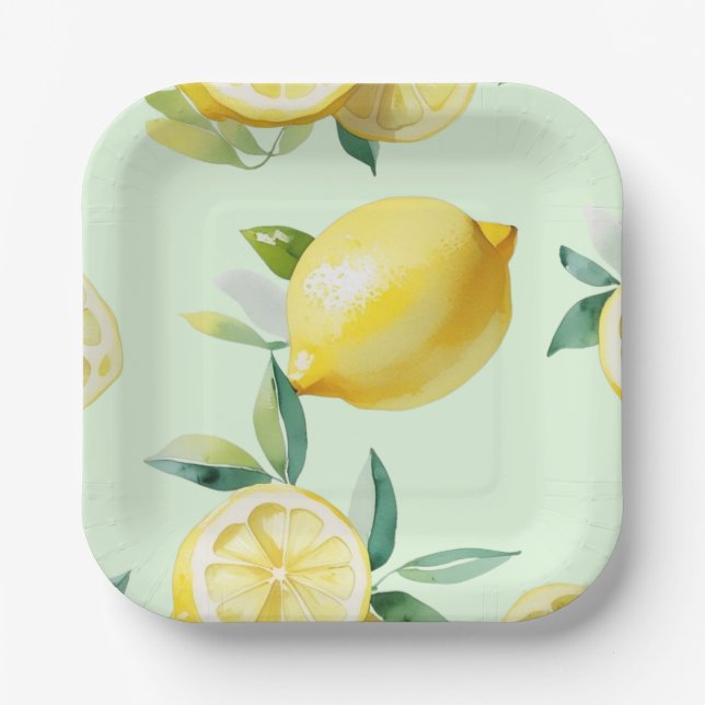 Modern lemon yellow floral script bridal shower paper plate (Front)