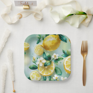 Modern lemon yellow floral script bridal shower paper plate