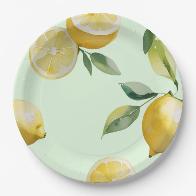 Modern lemon yellow floral script bridal shower paper plate (Front)