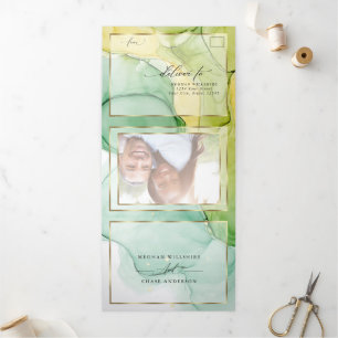 Modern Lemon Yellow Green Abstract Ink Tri-Fold Invitation