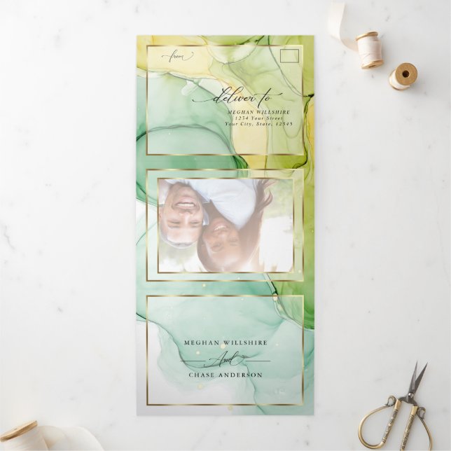 Modern Lemon Yellow Green Abstract Ink Tri-Fold Invitation (Outside)