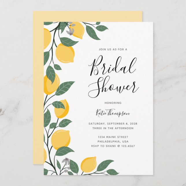 Modern Lemons and Leaves Calligraphy Bridal Shower Invitation (Front/Back)