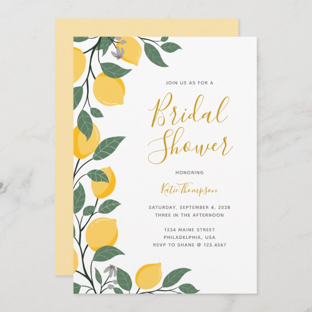 Modern Lemons and Leaves Calligraphy Bridal Shower Invitation (Front/Back)