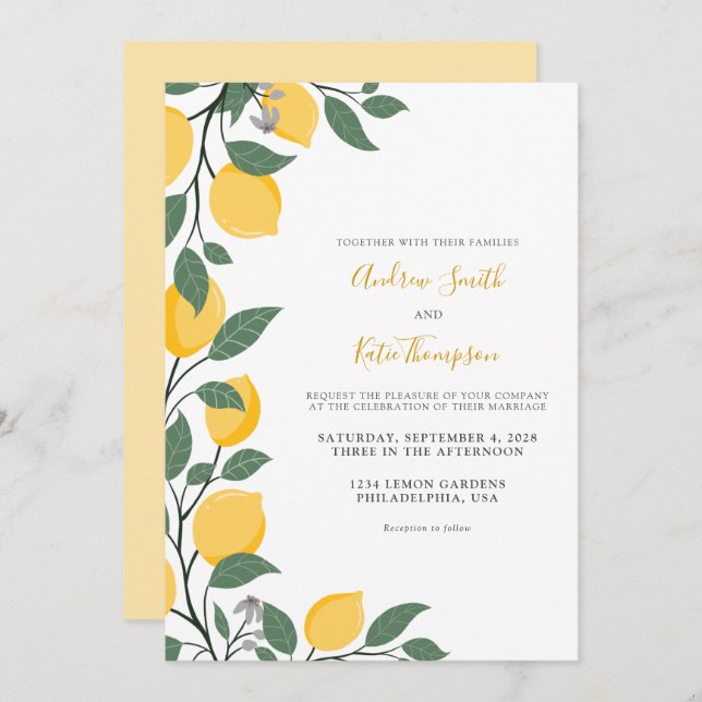 Modern Lemons and Leaves Calligraphy Wedding Invitation (Front/Back)