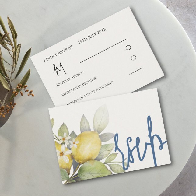 Modern Lemons Blue & Yellow Wedding RSVP Card (Creator Uploaded)