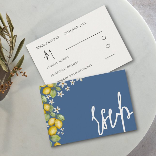 Modern Lemons Blue & Yellow Wedding RSVP Card (Creator Uploaded)