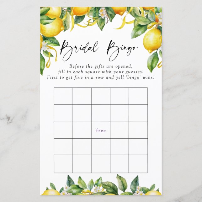 Modern Lemons Citrus Bridal Bingo Game (Front)