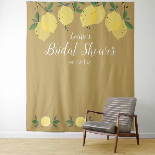 Modern Lemons Gold Bridal Shower Photo Backdrop Tapestry (In Situ)