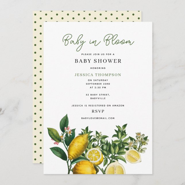 Modern Lemons Yellow Baby in Bloom Baby Shower Invitation (Front/Back)