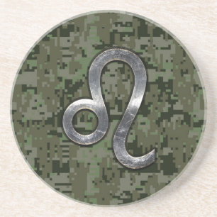 Modern Leo Zodiac Sign on Green Digital Camo Coaster