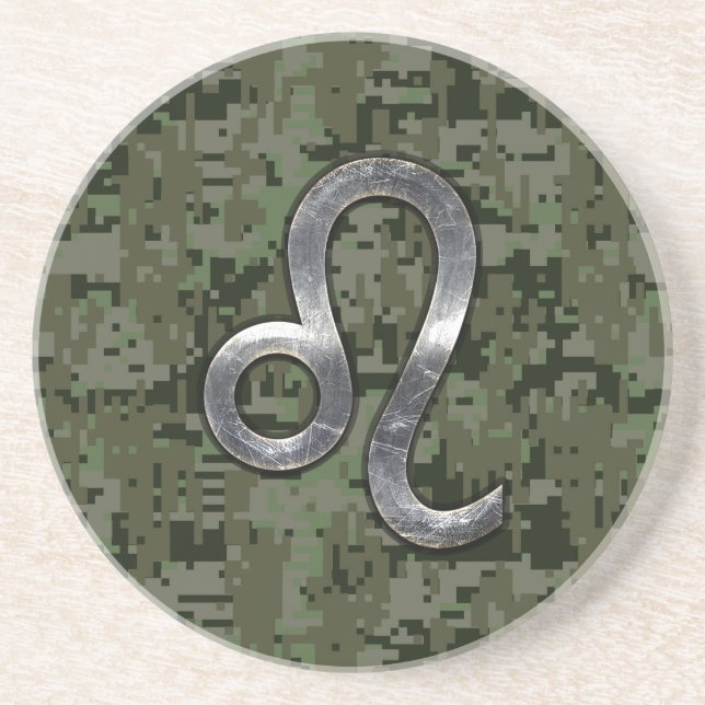 Modern Leo Zodiac Sign on Green Digital Camo Coaster (Front)