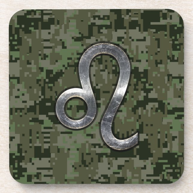 Modern Leo Zodiac Sign on Green Digital Camo Coaster (Front)