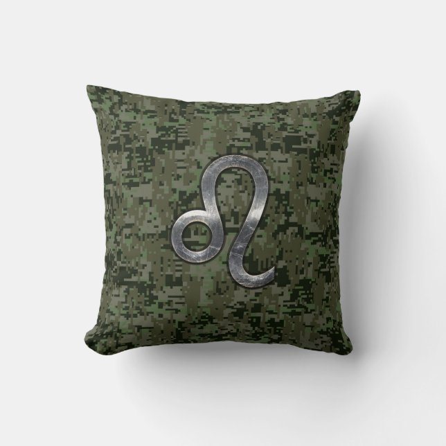Modern Leo Zodiac Sign on Green Digital Camo Cushion (Front)