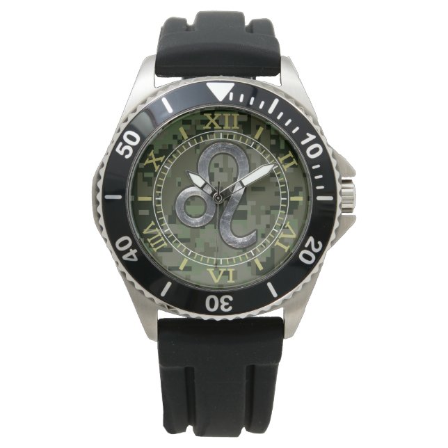 Modern Leo Zodiac Sign on Green Digital Camo Dial Watch (Front)