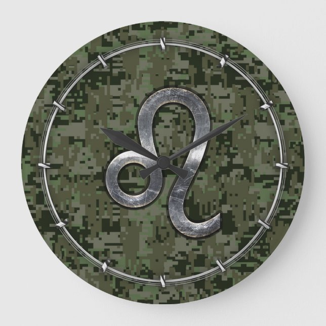 Modern Leo Zodiac Sign on Green Digital Camo Large Clock (Front)