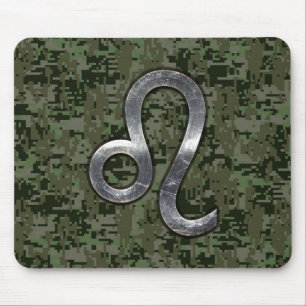 Modern Leo Zodiac Sign on Green Digital Camo Mouse Pad