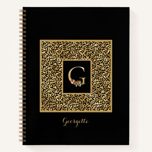 Modern Leopard Gold Personal Monogram Letter G Notebook (Front)