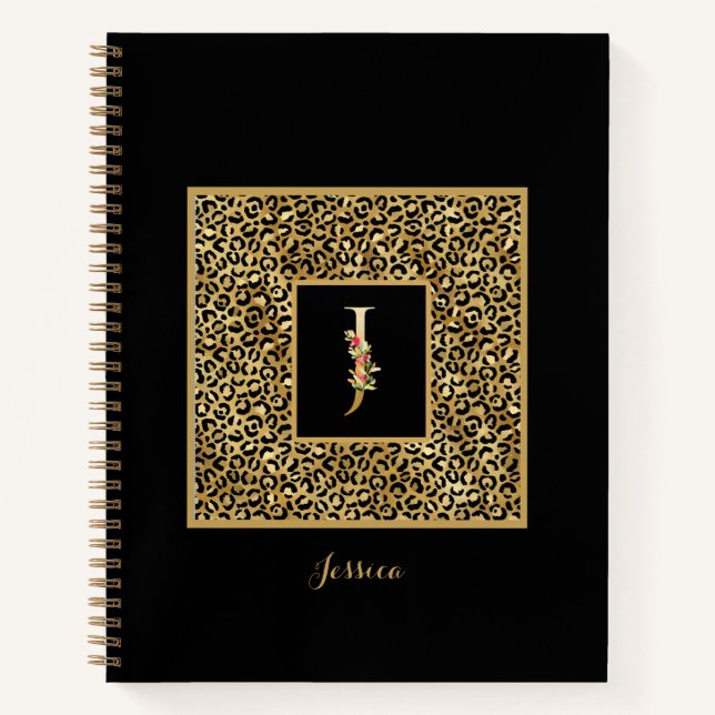 Modern Leopard Gold Personal Monogram Letter J Notebook (Front)