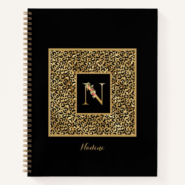 Modern Leopard Gold Personal Monogram Letter N Notebook (Front)