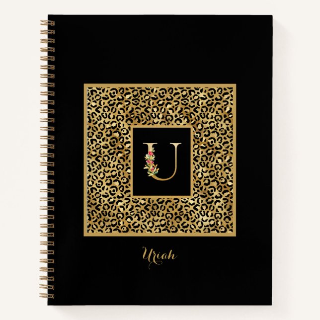 Modern Leopard Gold Personal Monogram Letter U Notebook (Front)