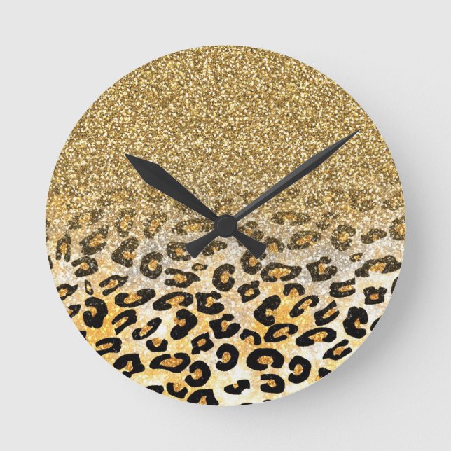  Modern Leopard Pattern Gold Glitter Ombre Round Clock (Front)