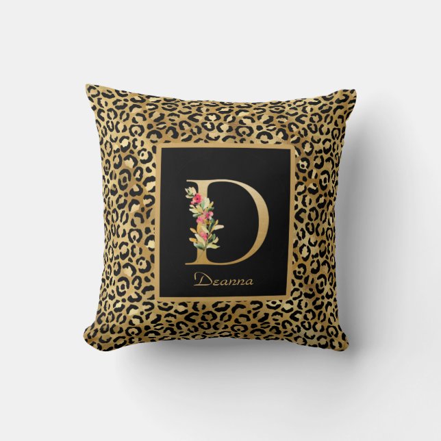 Modern Leopard Personalised Monogram D Initial Cushion (Front)