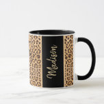 Modern Leopard Print Black Personalised Mug<br><div class="desc">Modern Leopard Print Black Personalised Mug has a classy design with trendy hand lettered script name on front and back. It has black and brown leopard print pattern around the mug. Both sides have a unique touch with a vertical black stripe on the centre name in beige script. Click "personalise...</div>