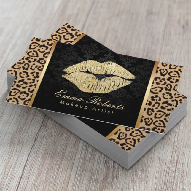 Modern Leopard Print Gold Kiss Beauty Salon SPA Business Card (Creator Uploaded)