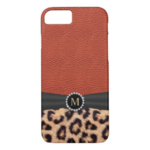 Modern Leopard Print Red Leather Monogram iPhone 8/7 Case