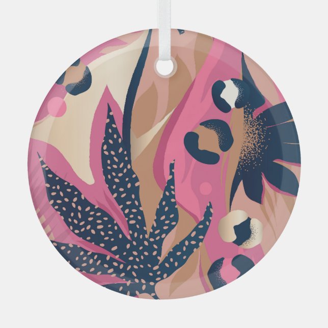 Modern Leopard Skin, Exotic Floral. Glass Tree Decoration (Front)