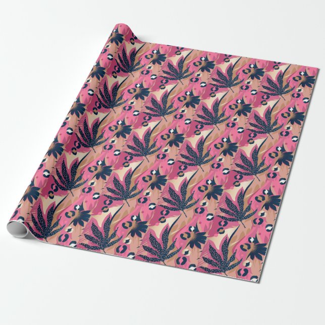 Modern Leopard Skin, Exotic Floral. Wrapping Paper (Unrolled)