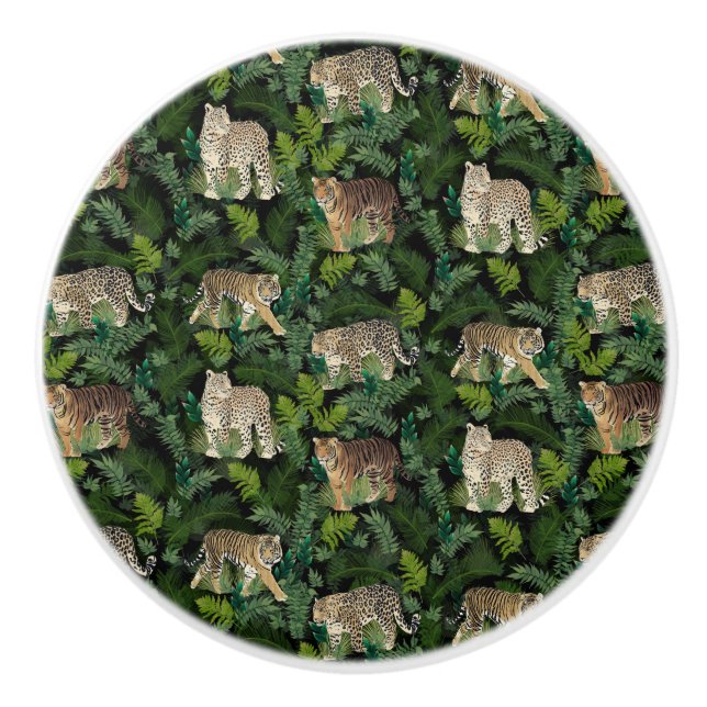 Modern Leopards Tigers Jungle Plants Black Design Ceramic Knob (Front)
