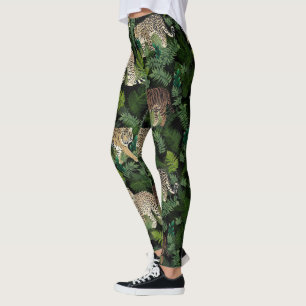 Modern Leopards Tigers Jungle Plants Black Design Leggings