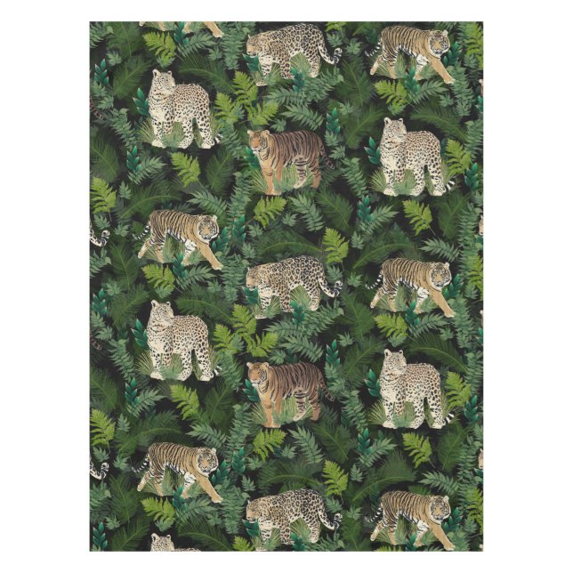 Modern Leopards Tigers Jungle Plants Black Design Tablecloth (Front)
