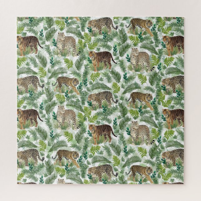 Modern Leopards Tigers Jungle Plants Jigsaw Puzzle (Vertical)